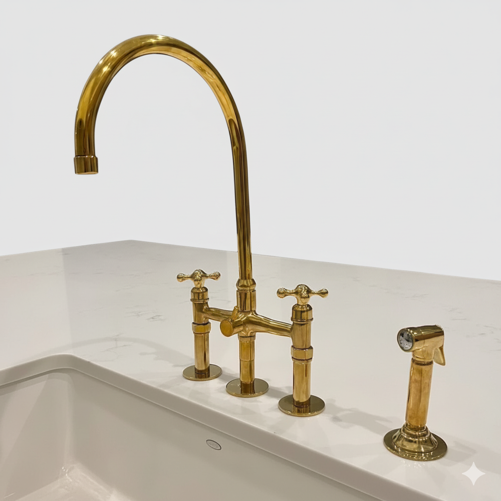 Gooseneck Bridge Faucet in Solid Unlacquered Brass