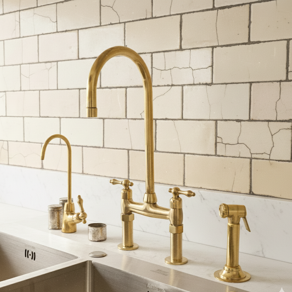 Gold kitchen faucet with sprayer and cold tap