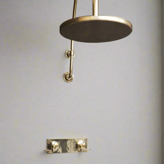 unlacquered brass shower with curved arm