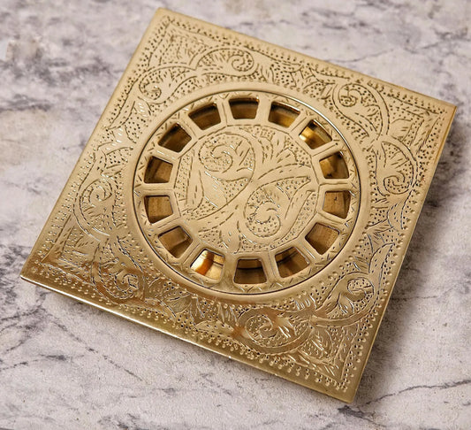 Unlacquered Engraved Brass Floor Drain