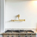 gold faucet under stove kitchen