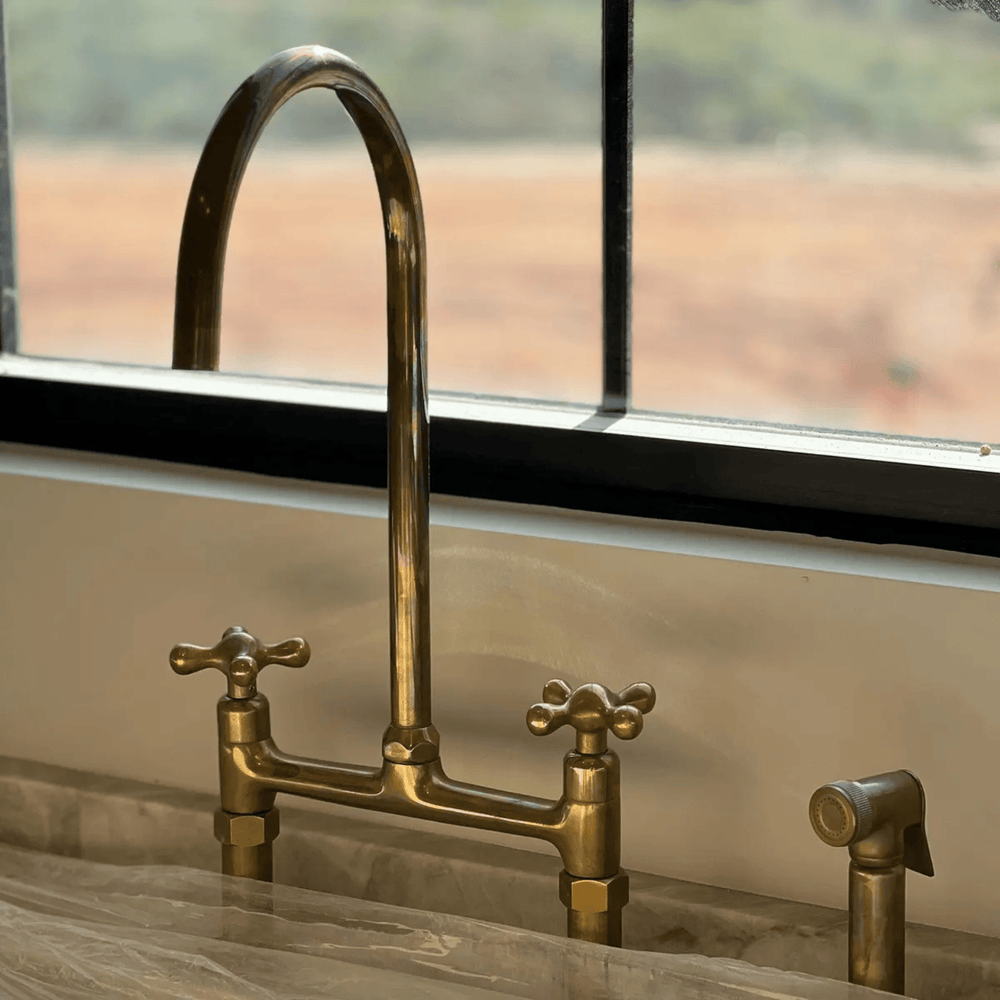 Unlacquered Brass Kitchen 8" Bridge Faucet SET - bridge faucet AzulSouk
