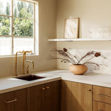 Unlacquered brass kitchen faucet with sprayer