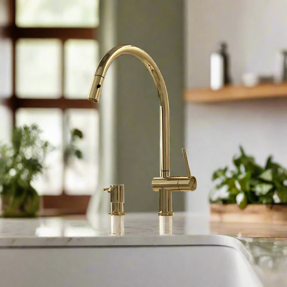 unlacquered brass pull down kitchen faucet