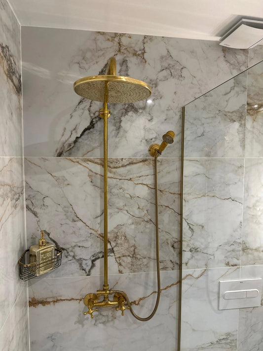 Unlacquered brass shower system, Exposed Pipe Shower System - shower system AzulSouk