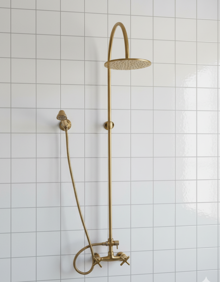 Unlacquered brass shower system