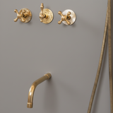 Brass bathroom fixtures including a shower head and control handles on a gray wall.