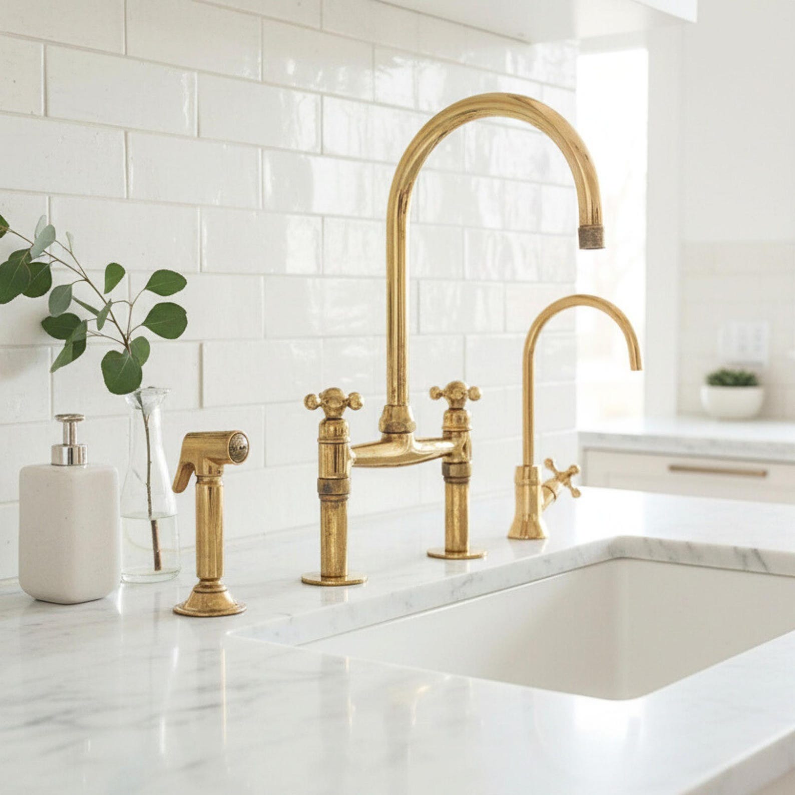 Brass Bridge Kitchen Faucet set cold water and sprayer