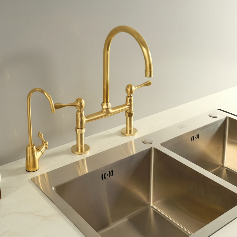 Brass Bridge Kitchen Faucet with sprayer-zoom-