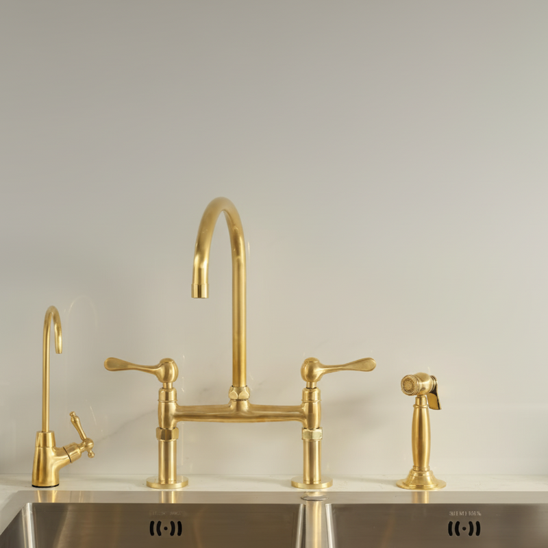 Brass Bridge Kitchen Faucet with sprayer-zoom-