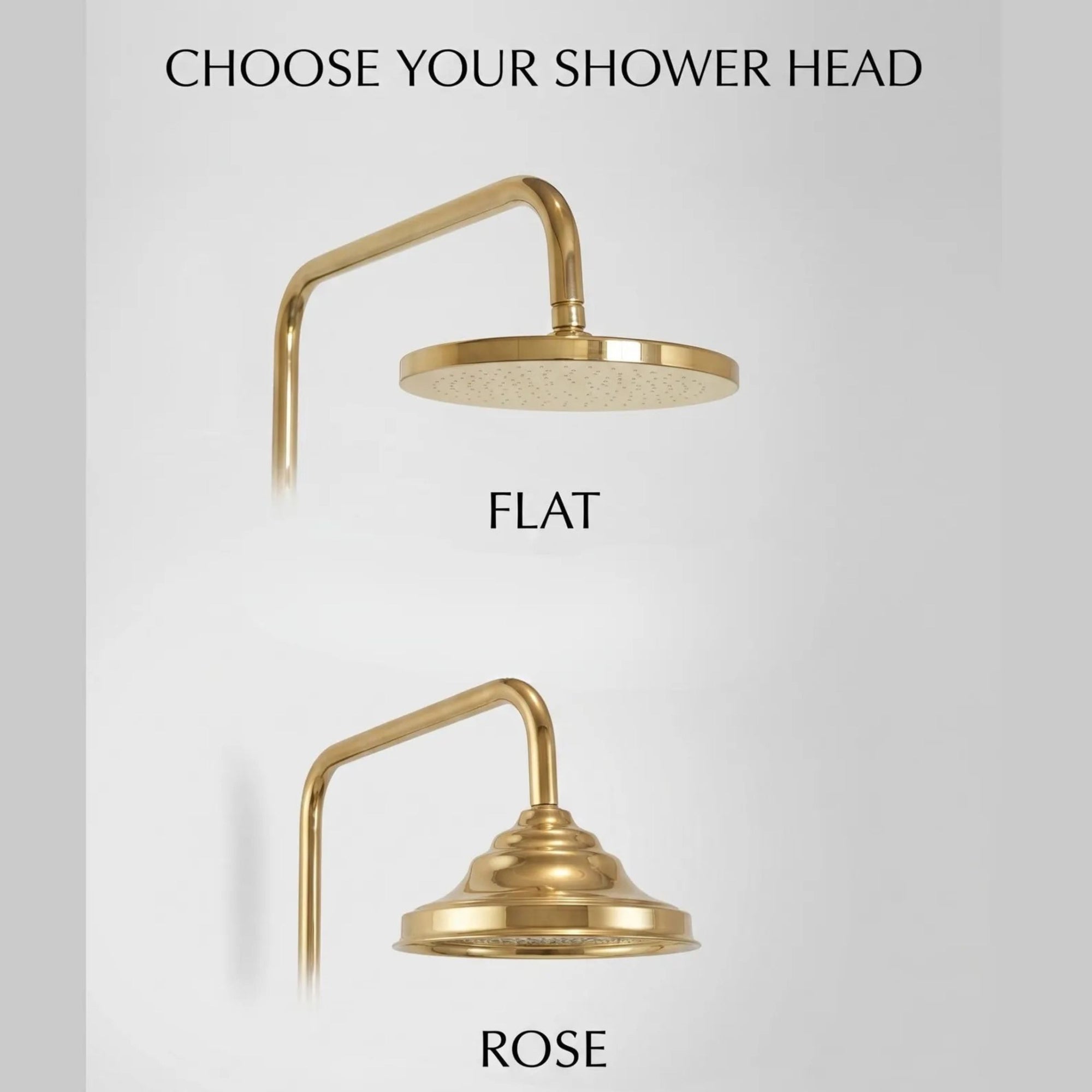 Gold shower head with 'Flat' and 'Rose' options 