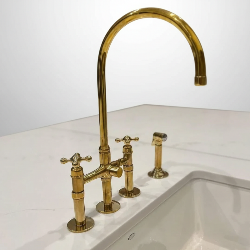 Unlacquered Brass bridge Faucet With Sprayer-zoom-