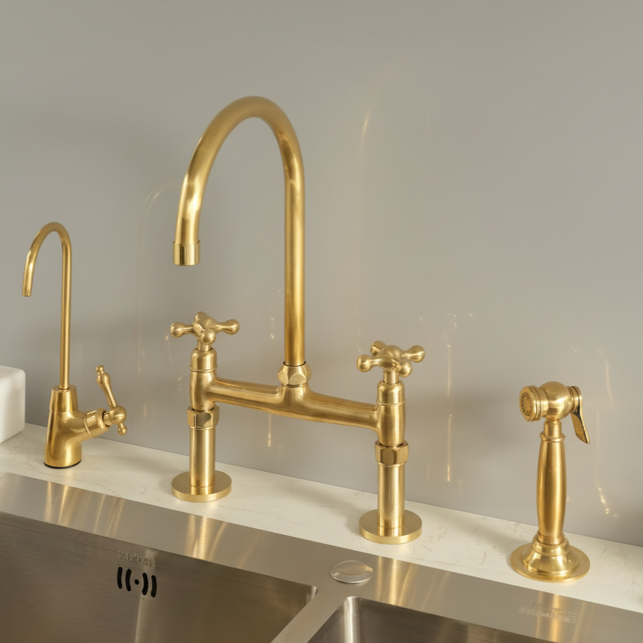 Unlacquered Brass Bridge Kitchen Faucet