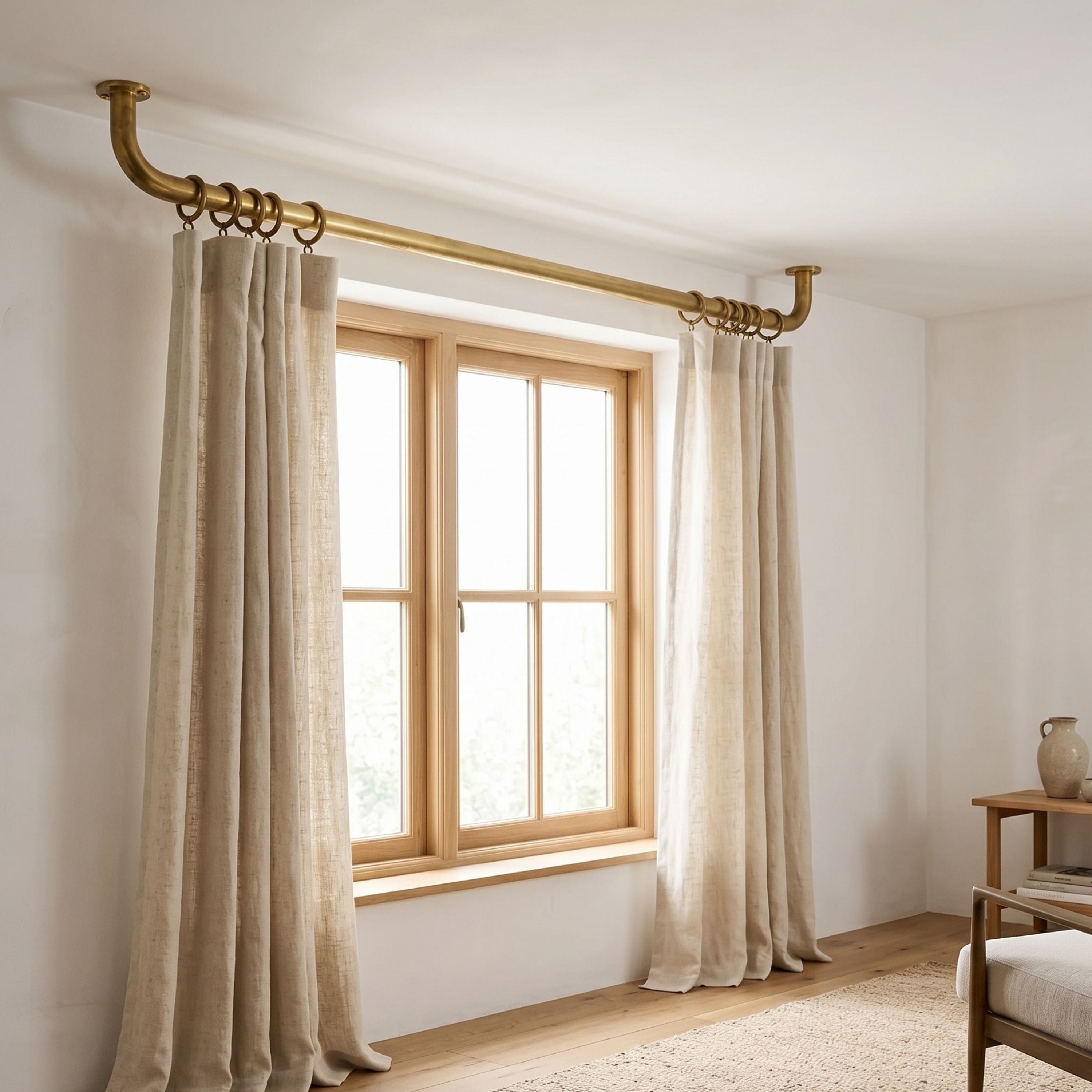 curtains hanging from a brass curtain rod in a room with a wooden window frame.