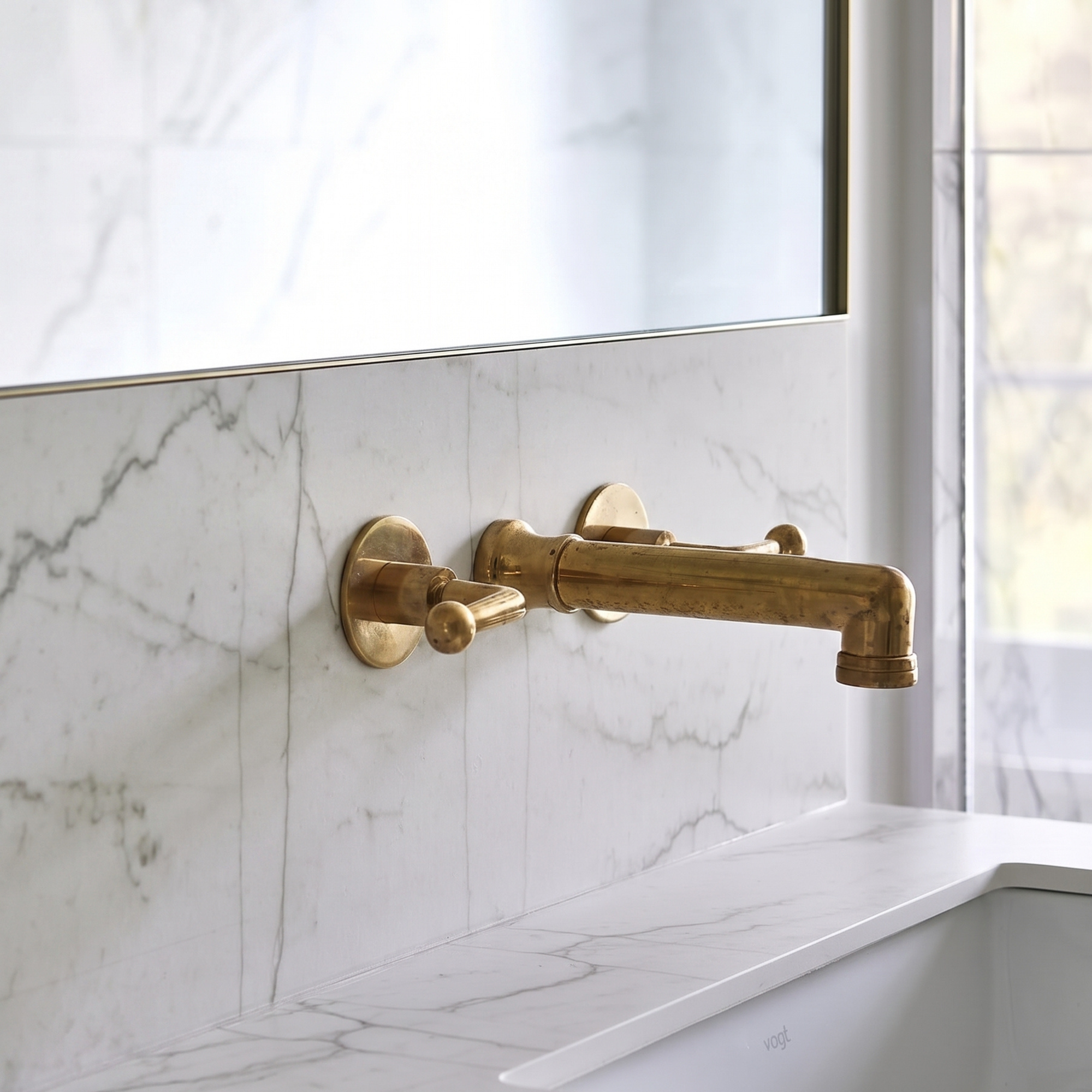 A polished brass wall-mounted faucet with a curved spout and lever handle, installed on a white marble backsplash above a matching white marble countertop.