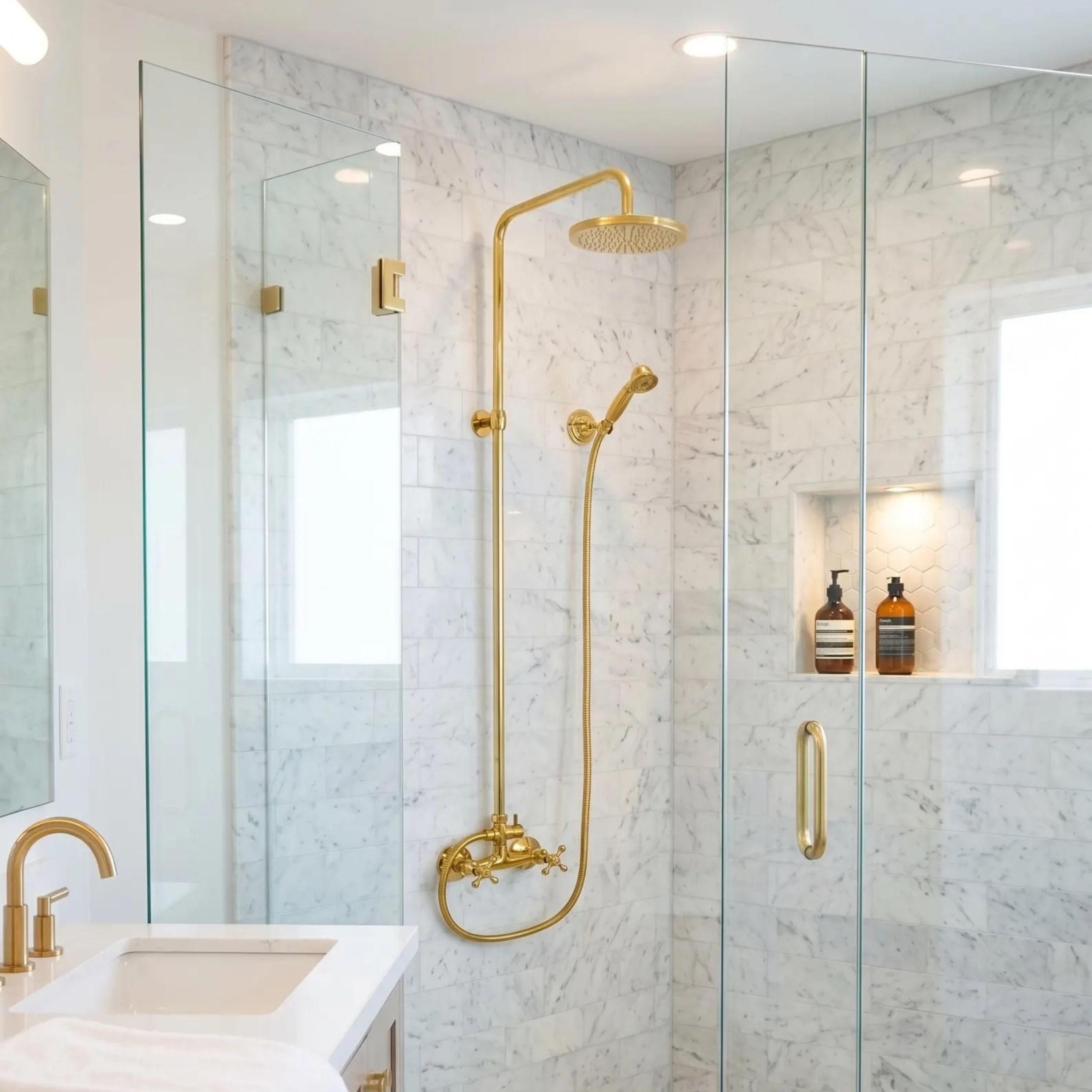Modern bathroom with gold shower fixtures and marble walls