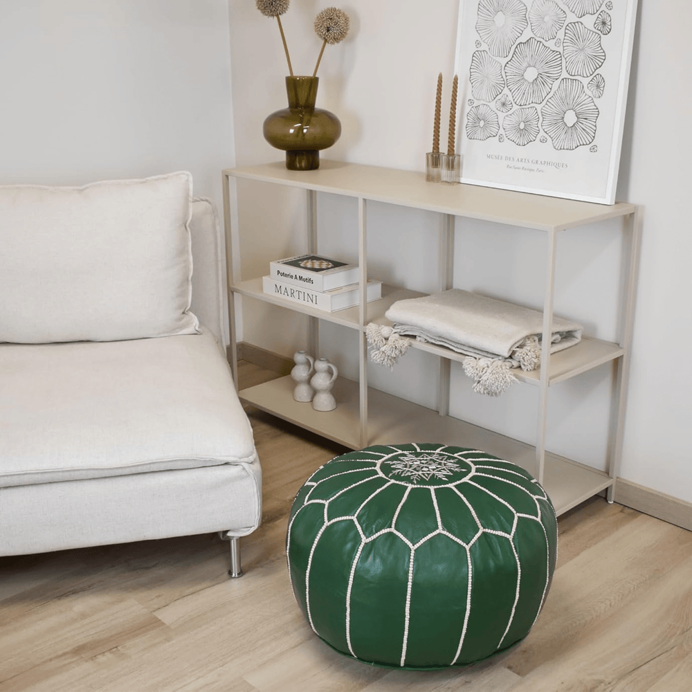 Authentic Moroccan Leather Pouf - Green - Leather Pouf AzulSouk