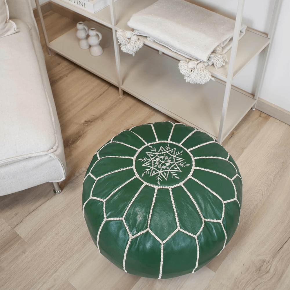 Authentic Moroccan Leather Pouf - Green - Leather Pouf AzulSouk