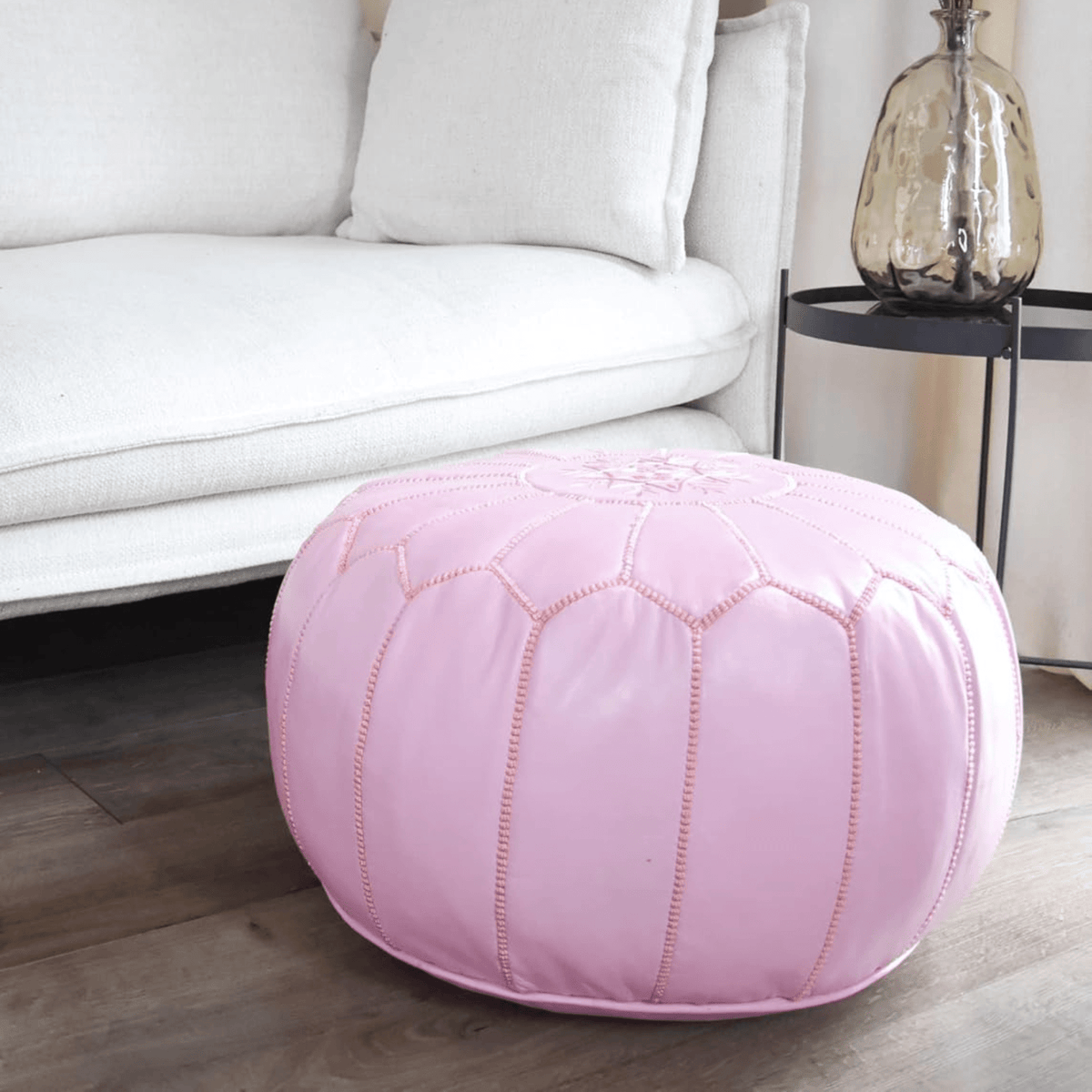 Authentic Moroccan Leather Pouf - Pink - Leather Pouf AzulSouk