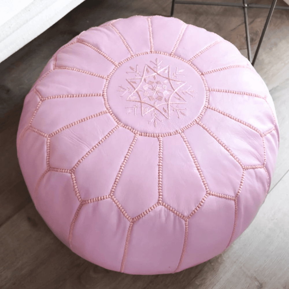 Authentic Moroccan Leather Pouf - Pink - Leather Pouf AzulSouk