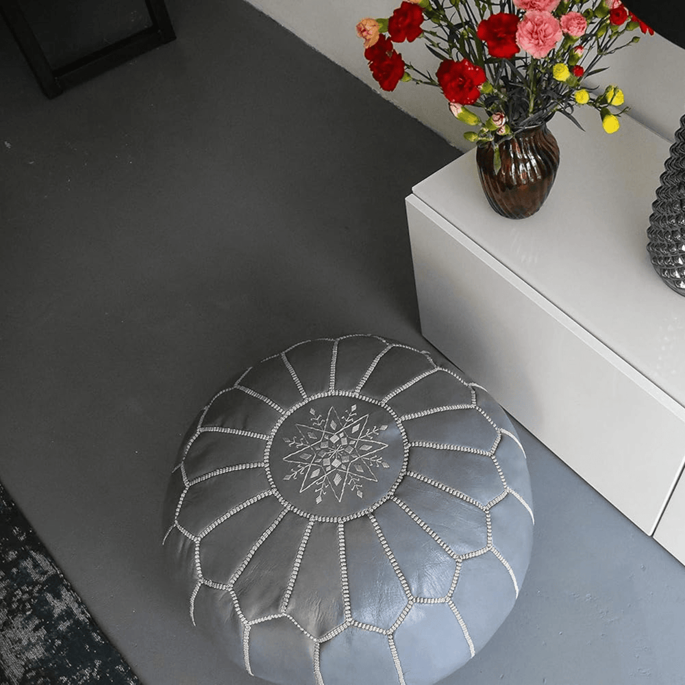 Authentic Moroccan Leather Pouf - Silver - Leather Pouf AzulSouk