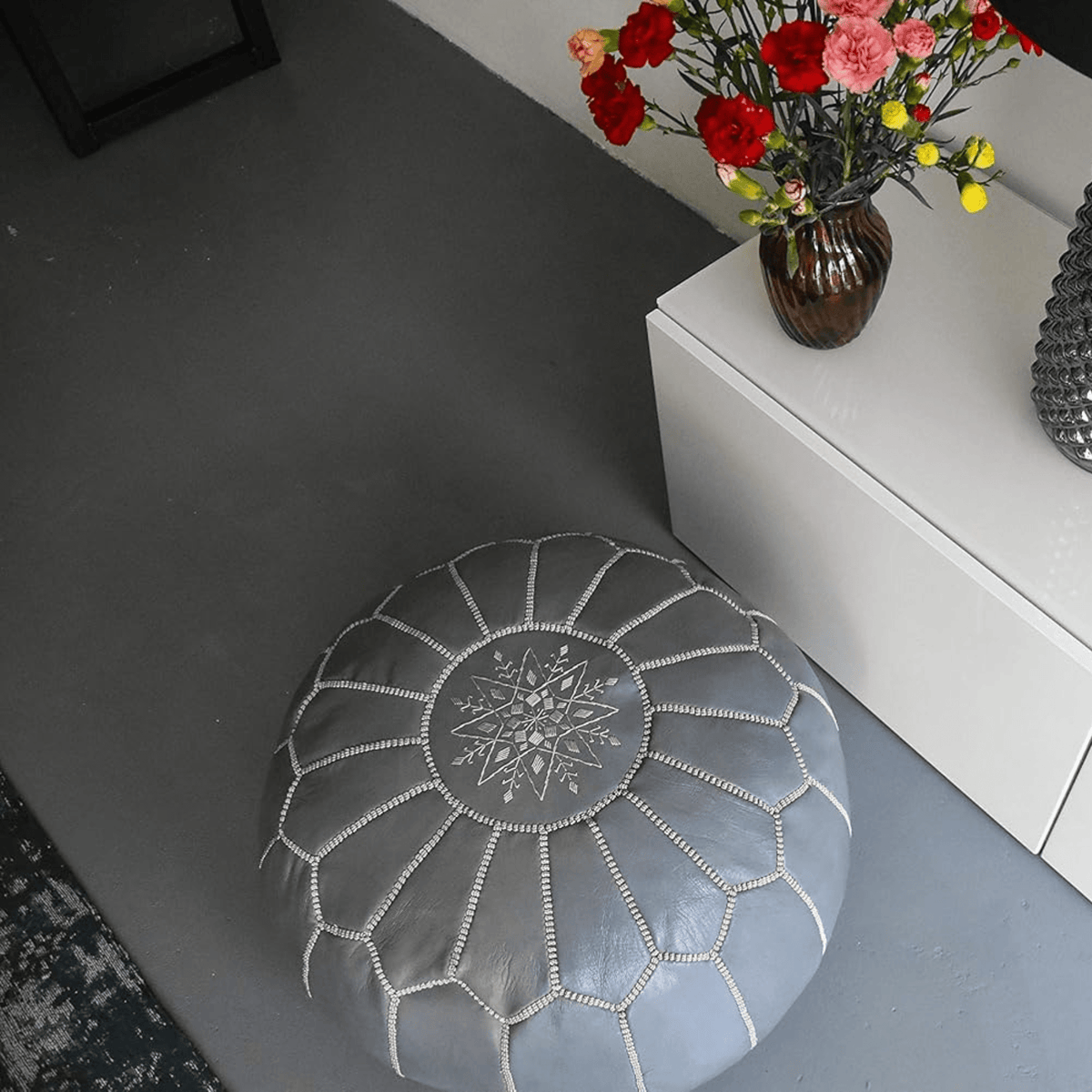 Authentic Moroccan Leather Pouf - Silver - Leather Pouf AzulSouk