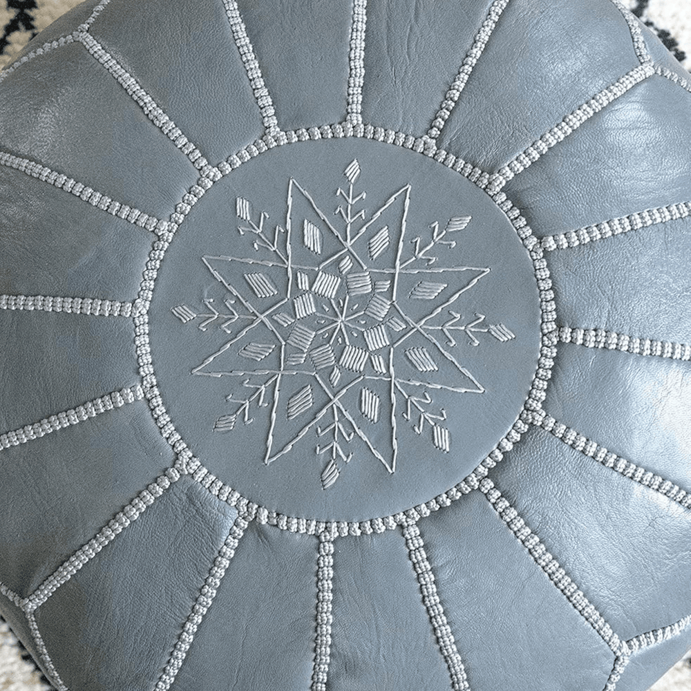 Authentic Moroccan Leather Pouf - Silver - Leather Pouf AzulSouk