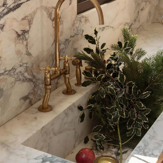 Marble sink with gold faucet and decorative plant