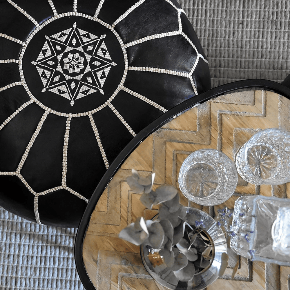 Black Leather Pouf - Leather Pouf AzulSouk
