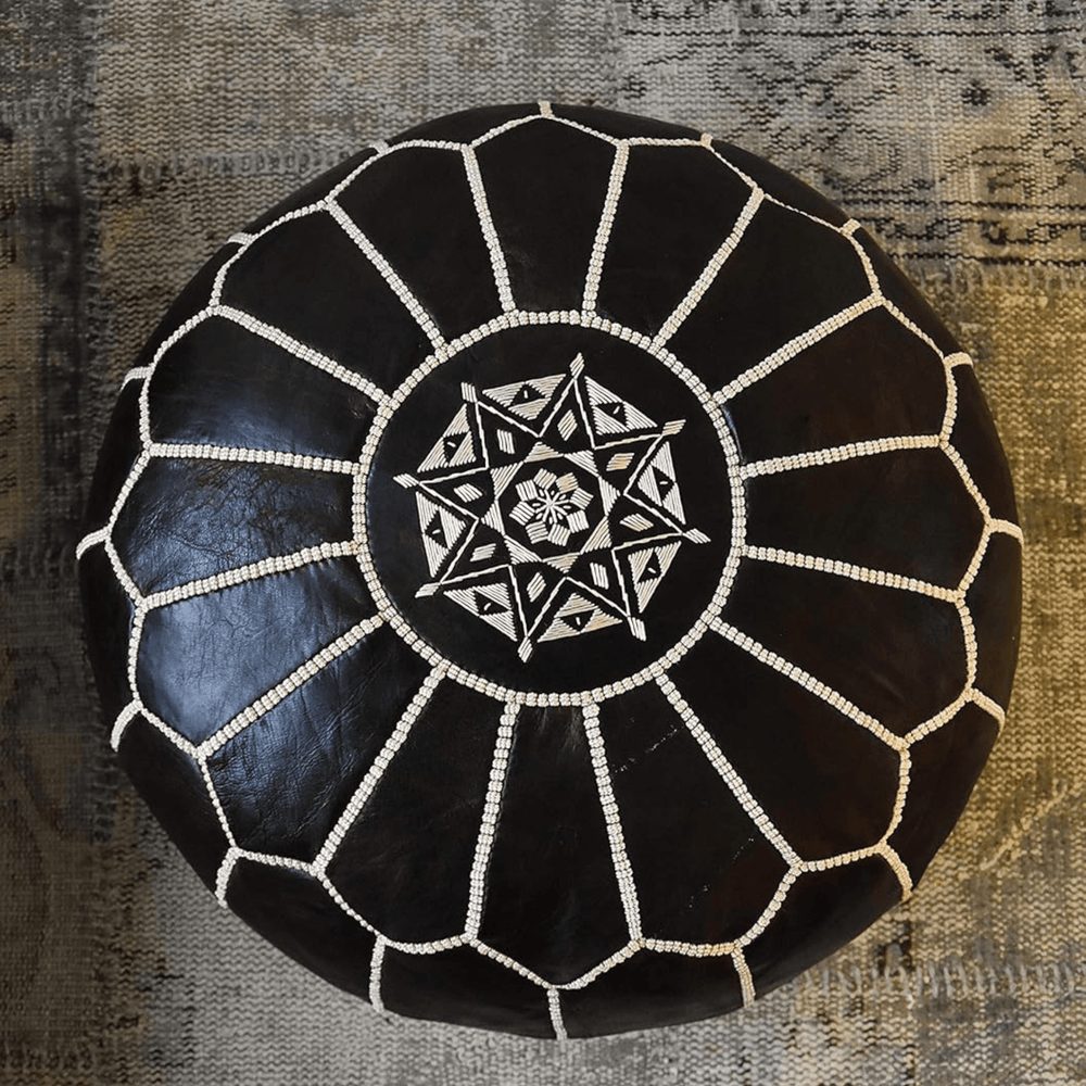 Black Leather Pouf - Leather Pouf AzulSouk