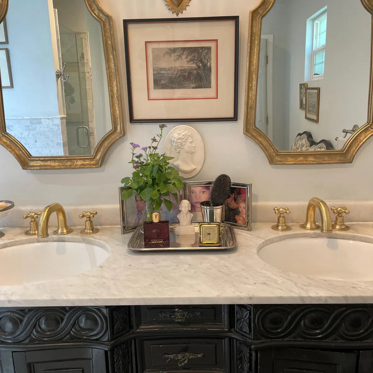 unlacquered brass deck mounted faucet with vintage handles