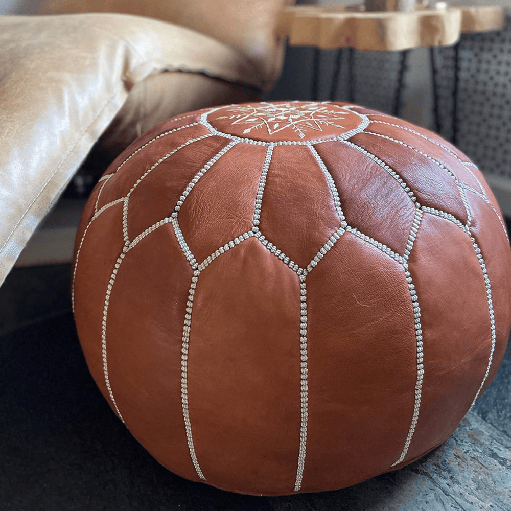 Brown Moroccan Leather Pouf - AzulSouk