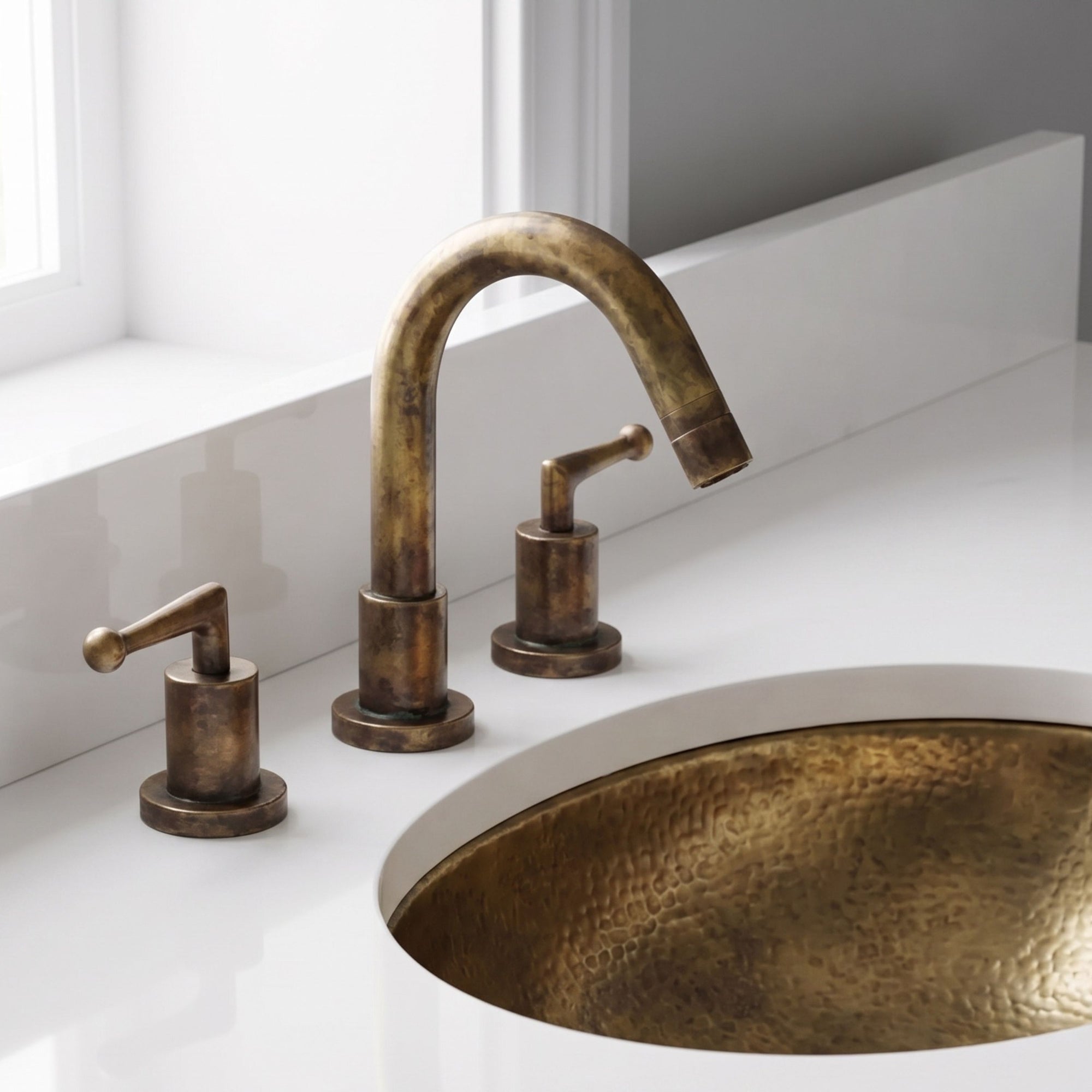 A three-hole bathroom faucet set with a hammered brass sink basin, featuring a tall arched central spout and two matching lever handles, installed on a white countertop near a window.