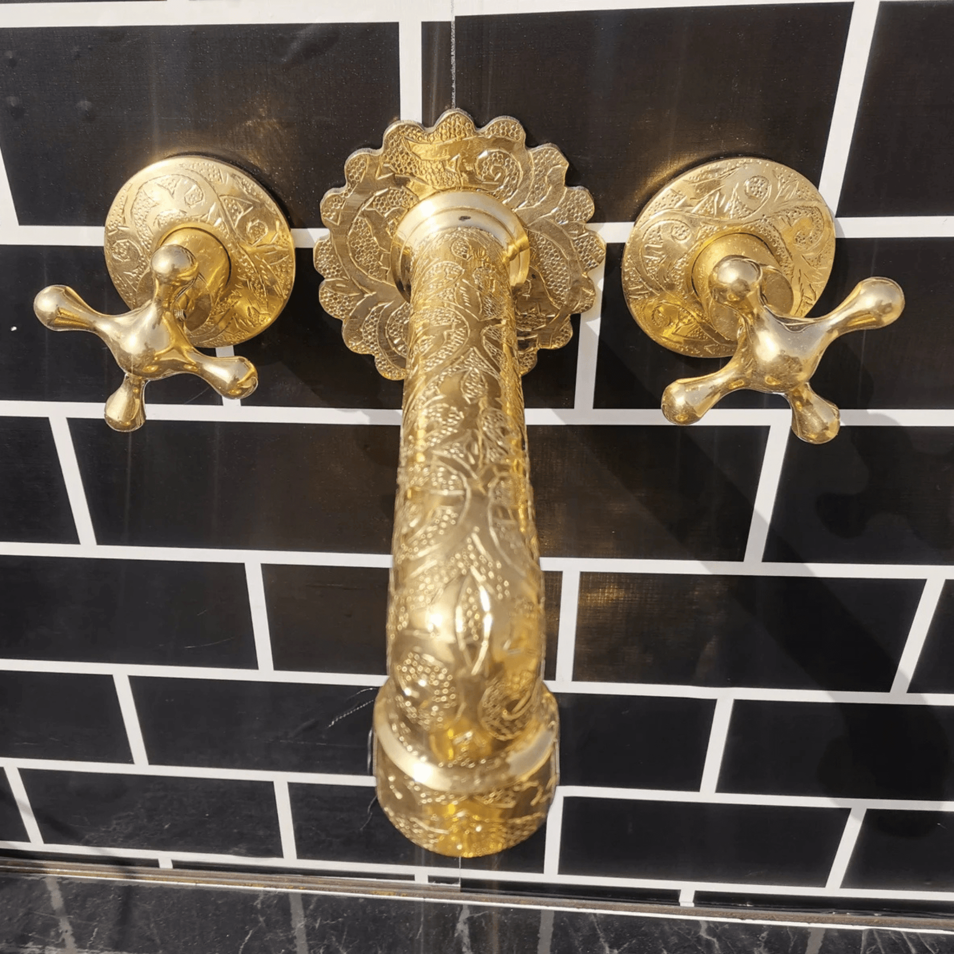 Engraved Brass Wall Mount Bathroom Faucet - bathroom faucet AzulSouk