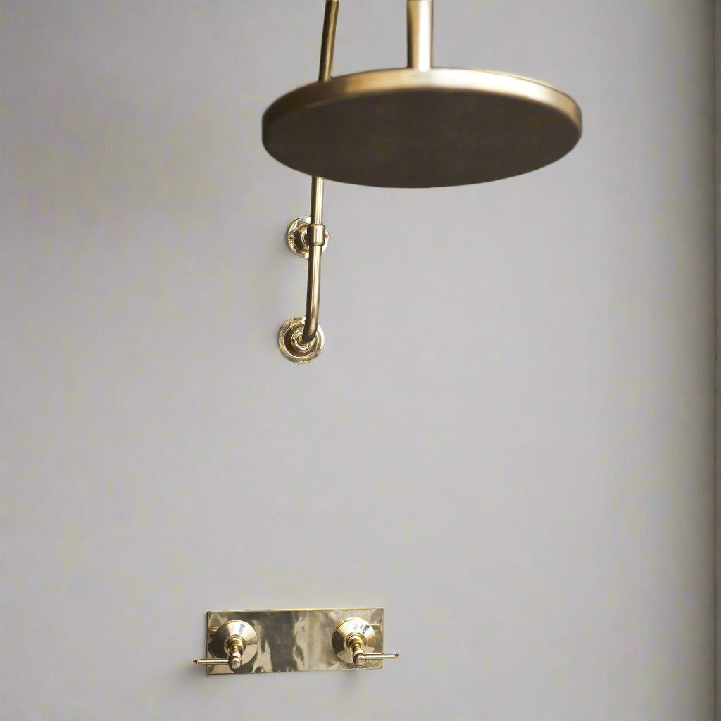 unlacquered brass shower with curved arm