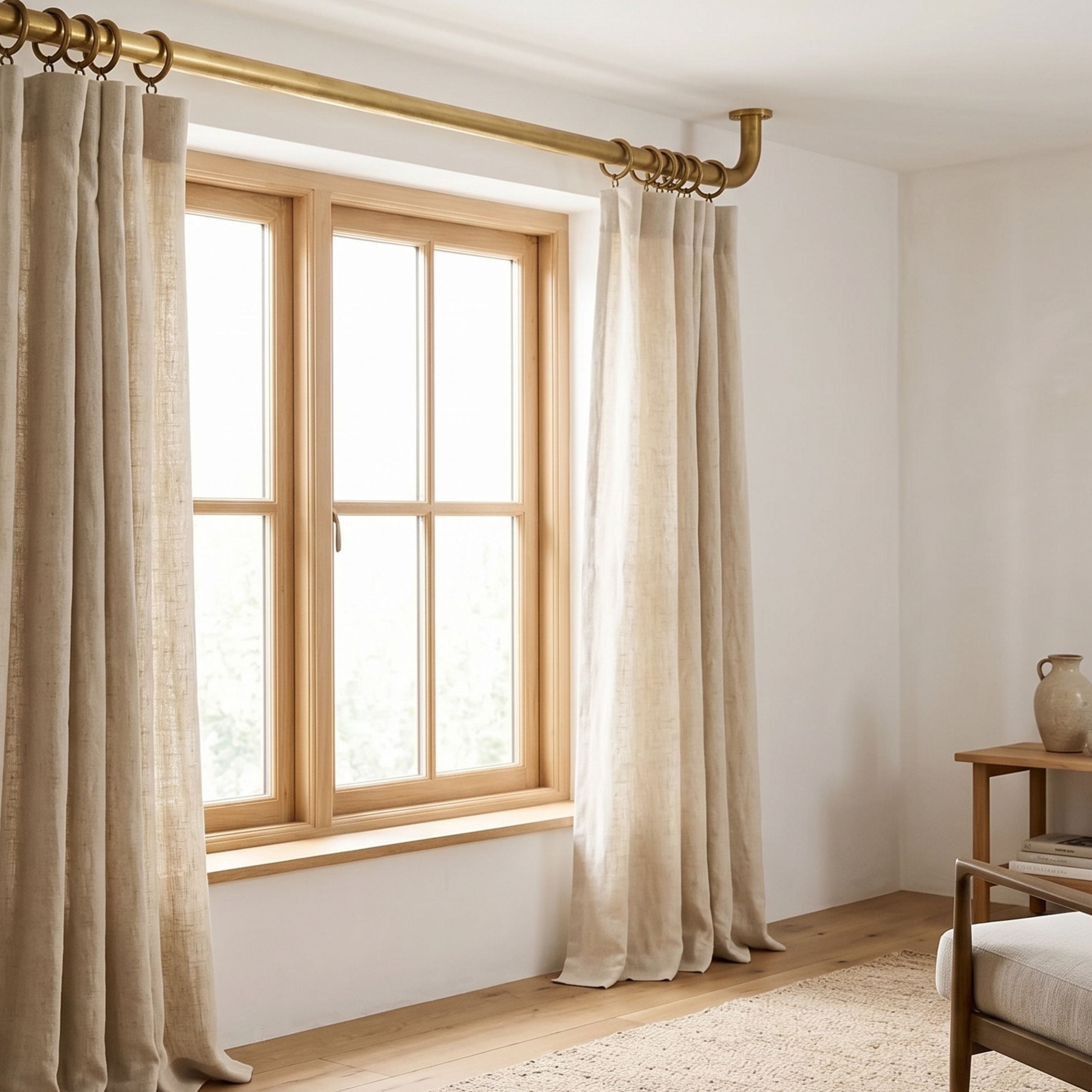 curtains hanging from a gold curtain rod in a room with a wooden floor and white walls.