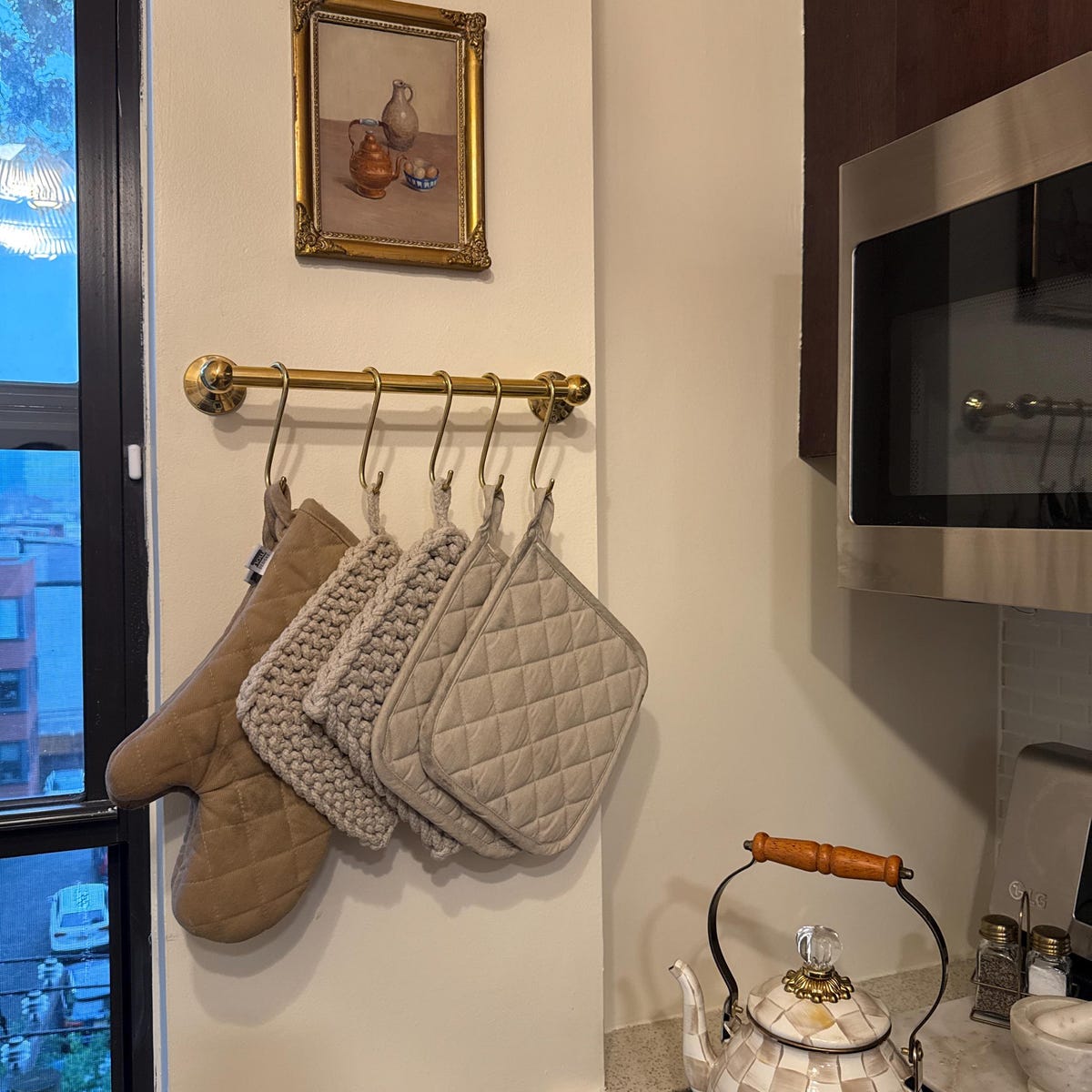 Unlacquered Brass Pot Holder & Oven Mitt Hanging Rack-zoom-2