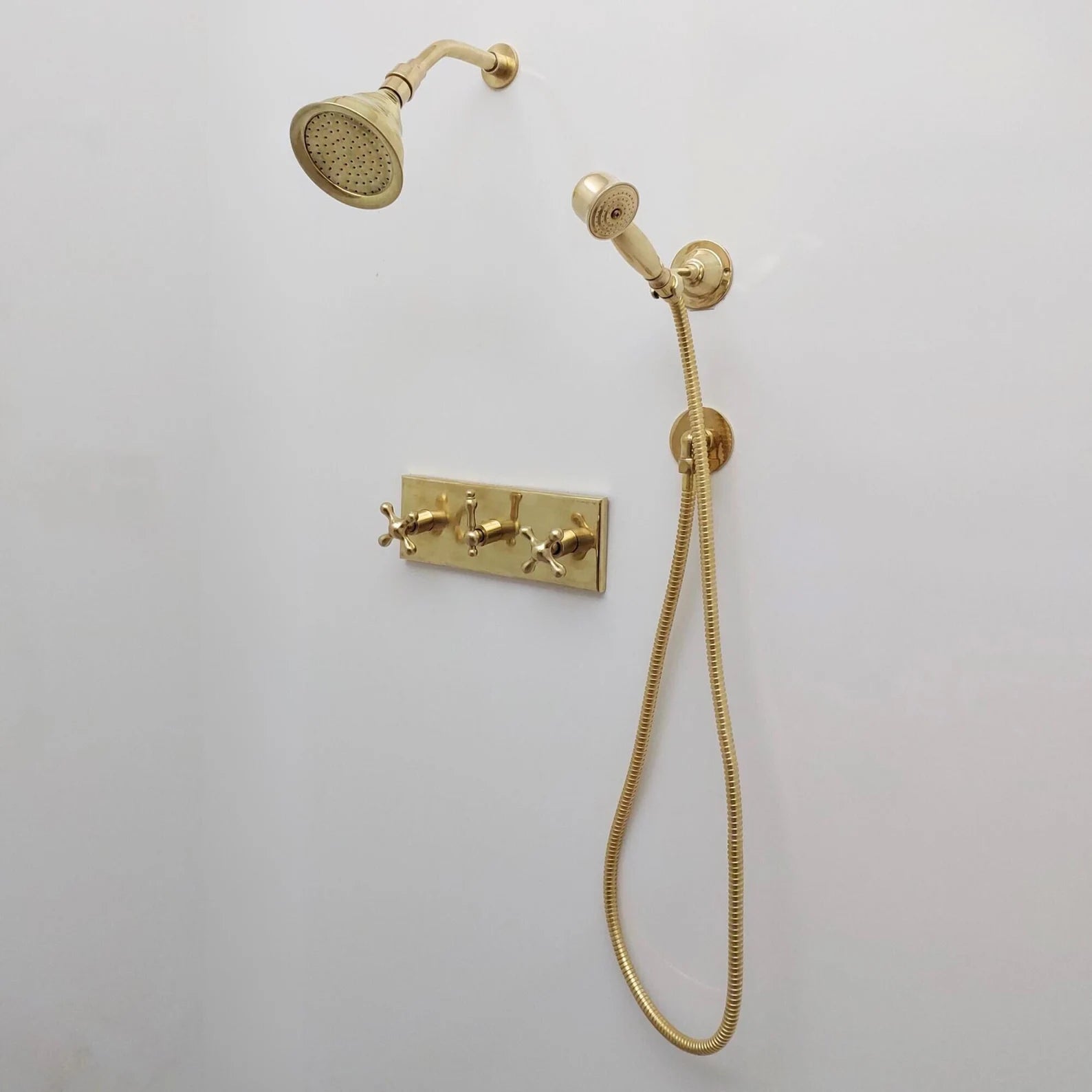 Unlacquered Brass Shower System: Rain Shower Head & Handheld Sprayer-2