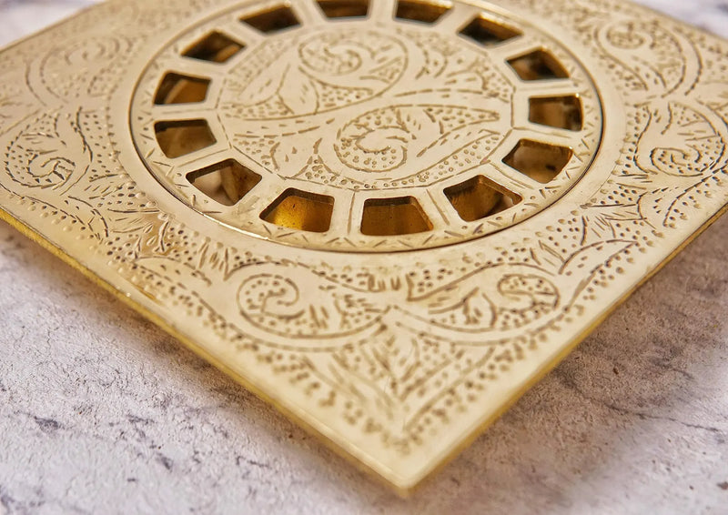 Unlacquered Engraved Brass Floor Drain-zoom-