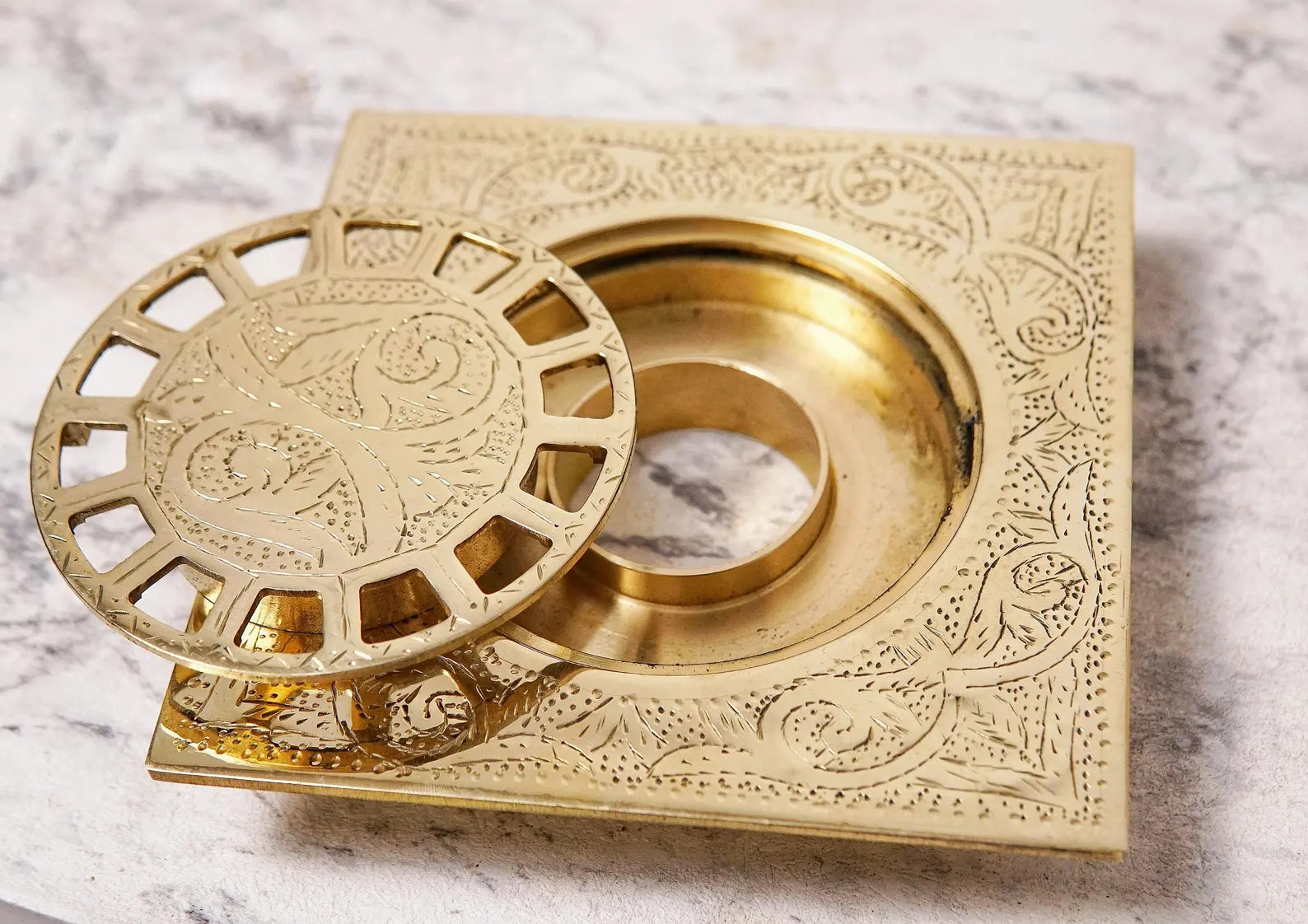Unlacquered Engraved Brass Floor Drain