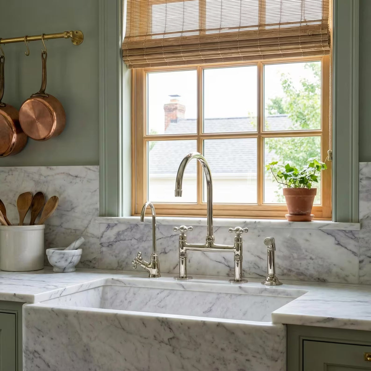 polished nickel kitchen faucet set : Bridge + cold water + sprayer
