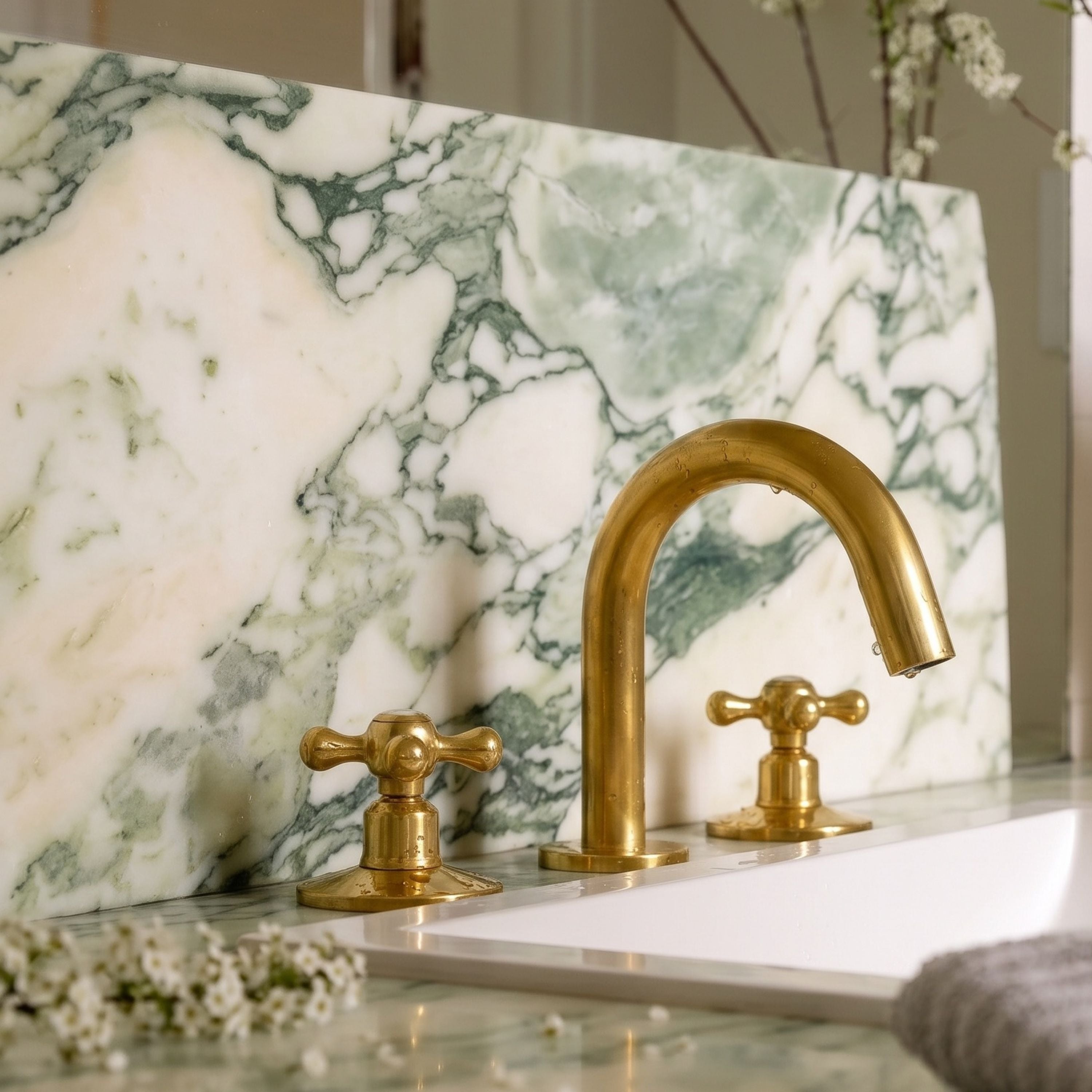 A polished brass bathroom faucet set with two cross handles 