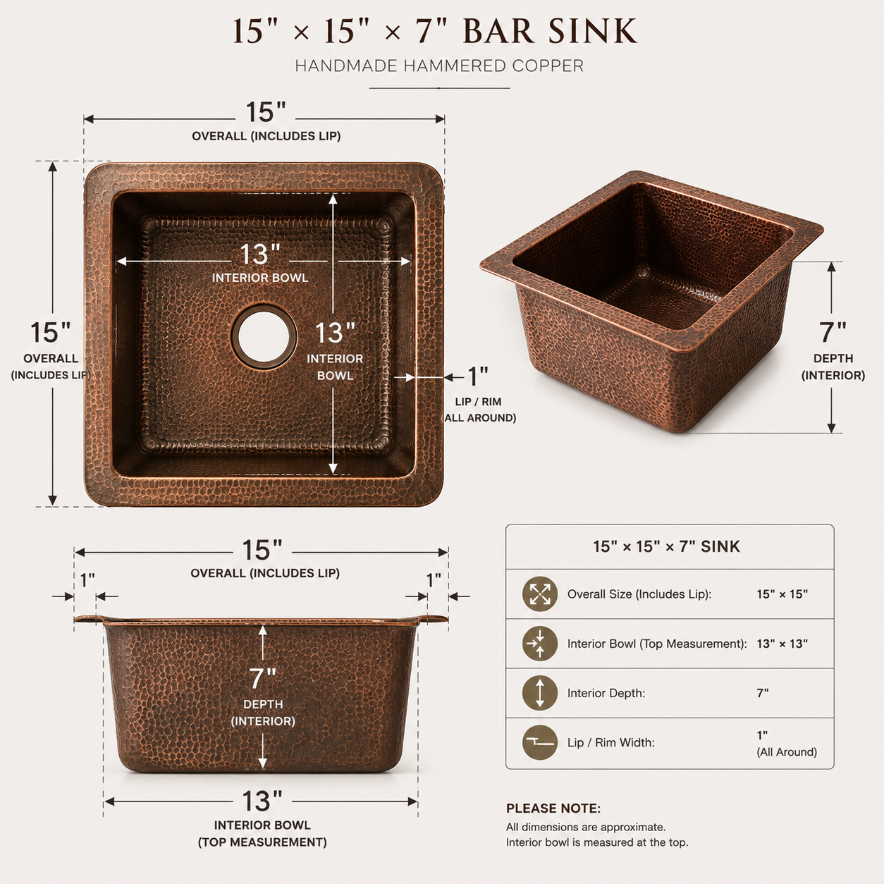 Hammered Solid Copper Bar Sink