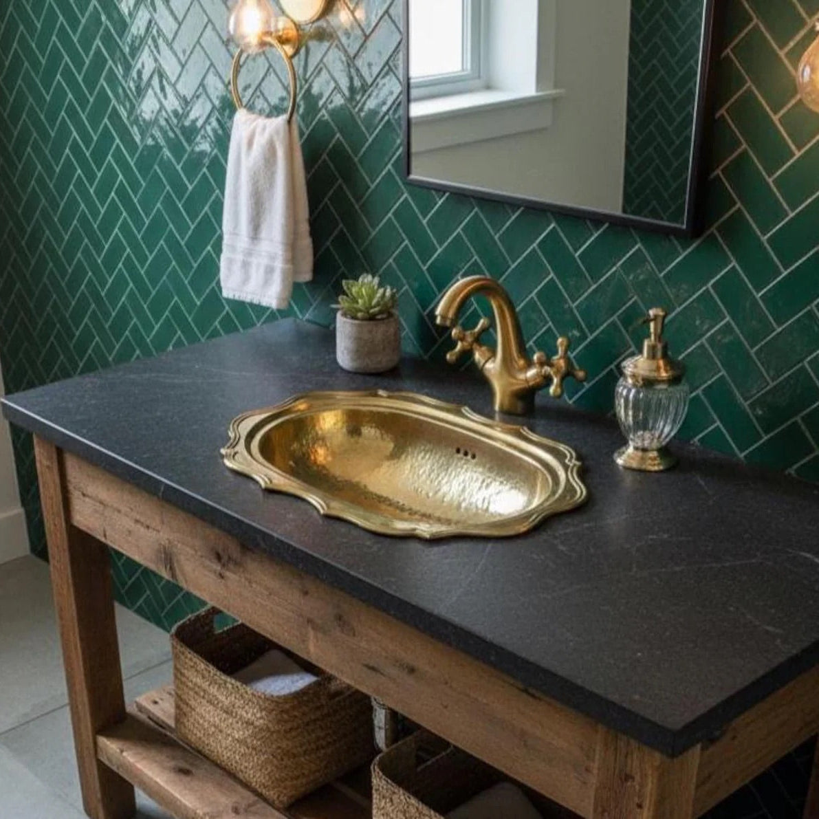 unlacquered oval brass sink, and a matching brass faucet