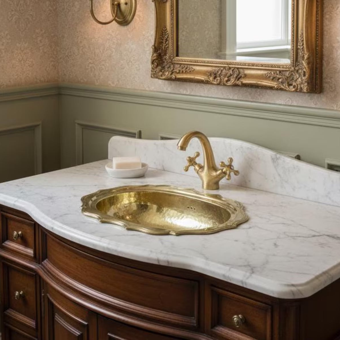 A bathroom vanity featuring a white marble countertop with a polished gold sink basin, matching gold faucet, dark wood cabinet, wallpapered walls, and an ornate gold mirror.