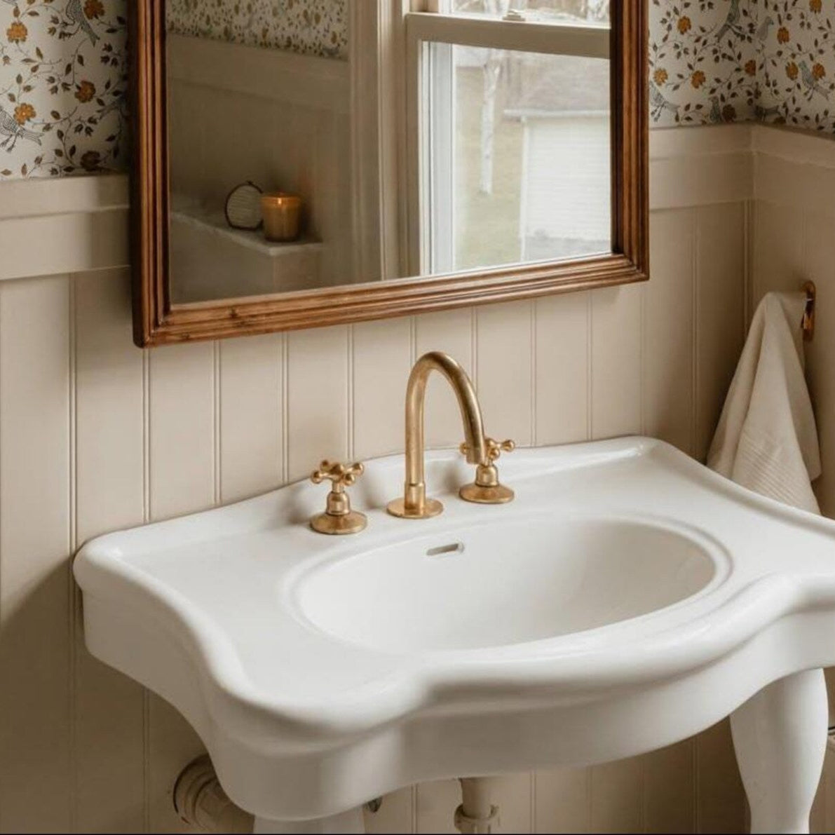 Vintage-style bathroom sink with gold fixtures and a mirror on floral wallpapered walls.