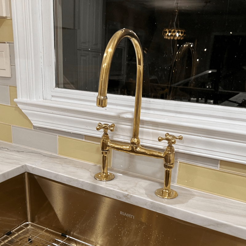 Unlacquered Brass Kitchen 8" Bridge Faucet Set-zoom-