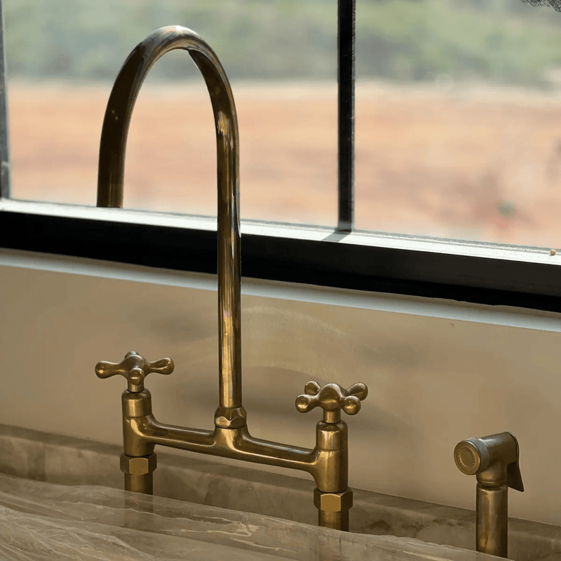 Unlacquered Brass Kitchen 8" Bridge Faucet SET-zoom-