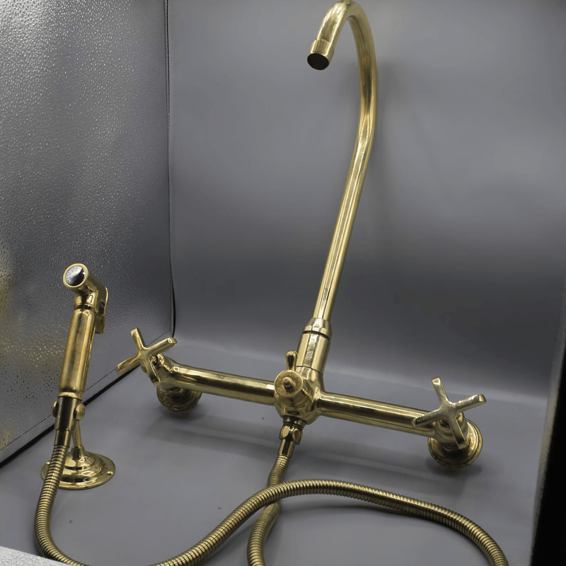 Unlacquered Brass Wall Mounted Faucet with sprayer-zoom-