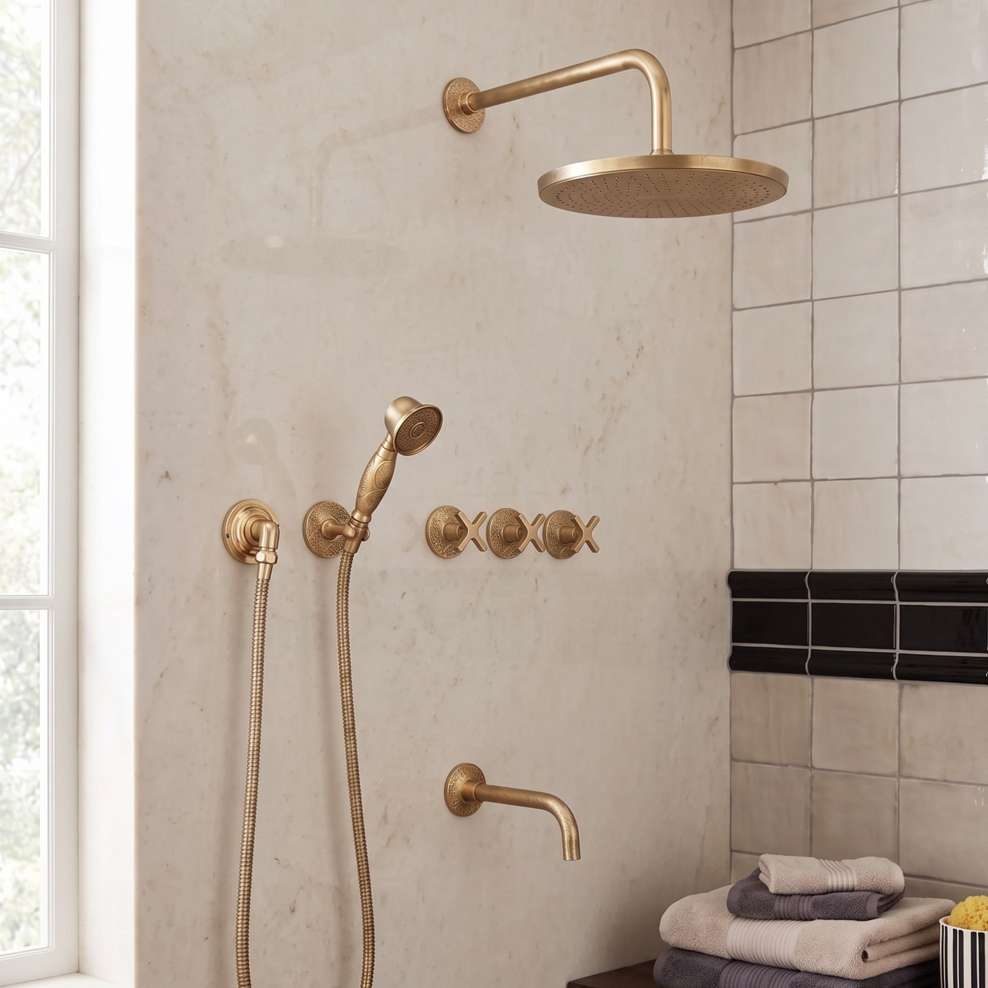 unlacquered brass shower set with handheld 